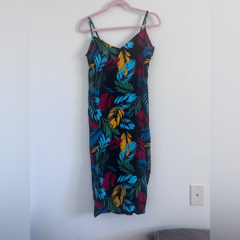 Tropical Leaf Print Black Bodycon Midi Dress Spaghetti Strap size S